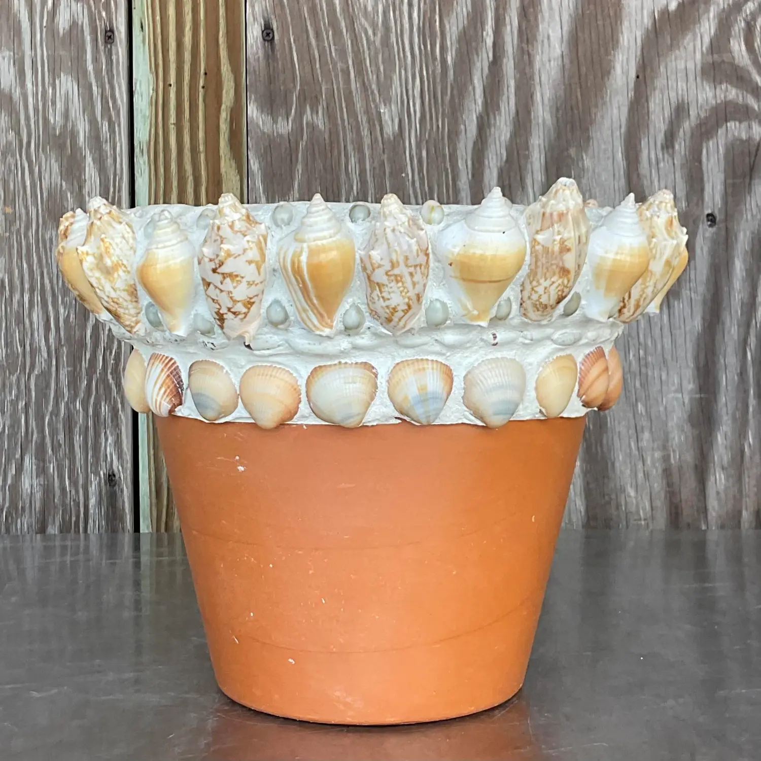 Vintage Coastal Shell Encrusted Flower Pot - Detail view