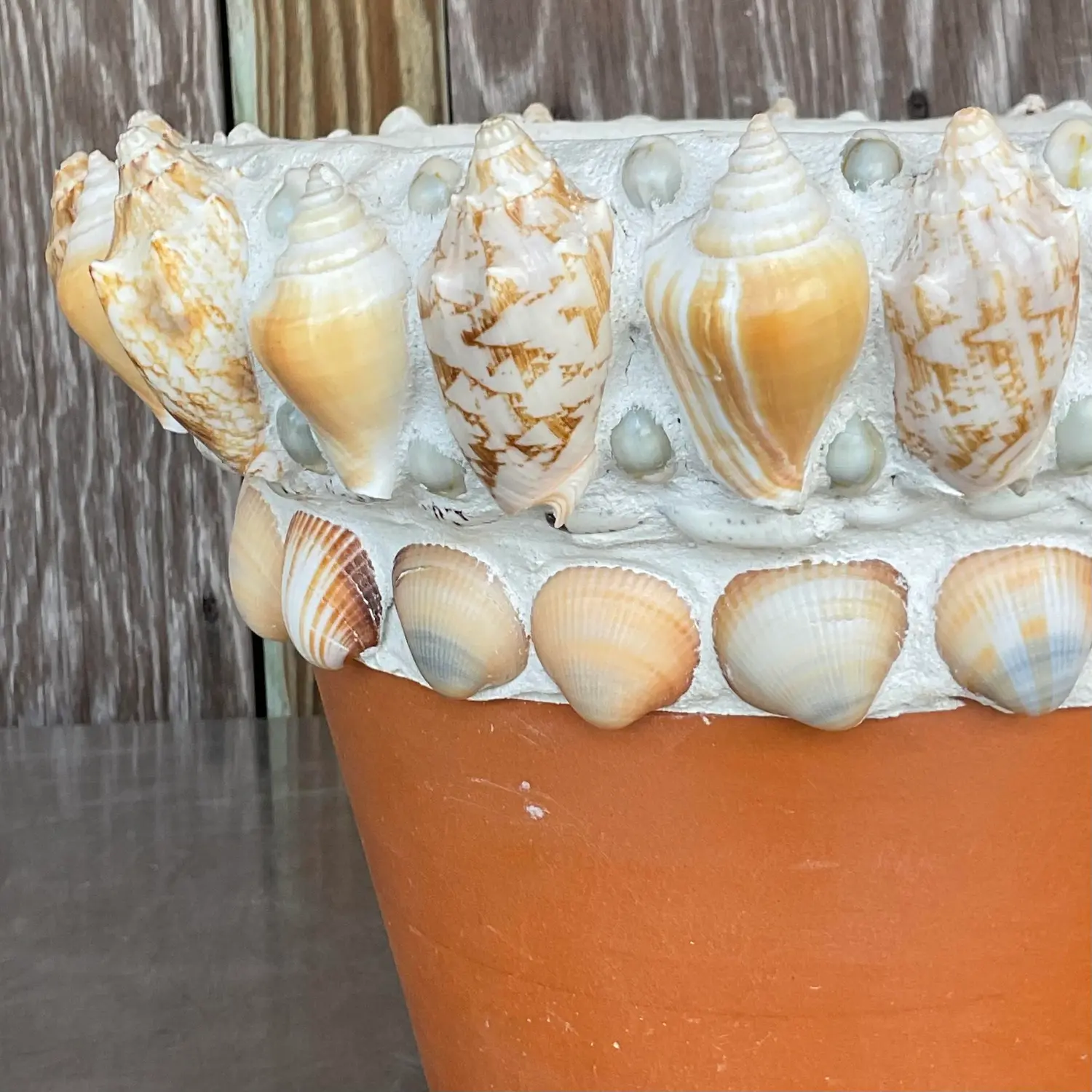 Vintage Coastal Shell Encrusted Flower Pot - Top view