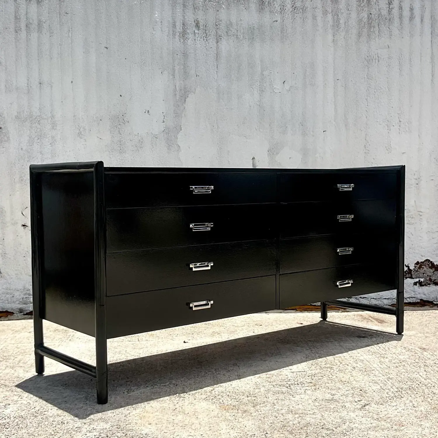 Vintage Coastal Signed McGuire Lacquered Rattan Dresser - Back view