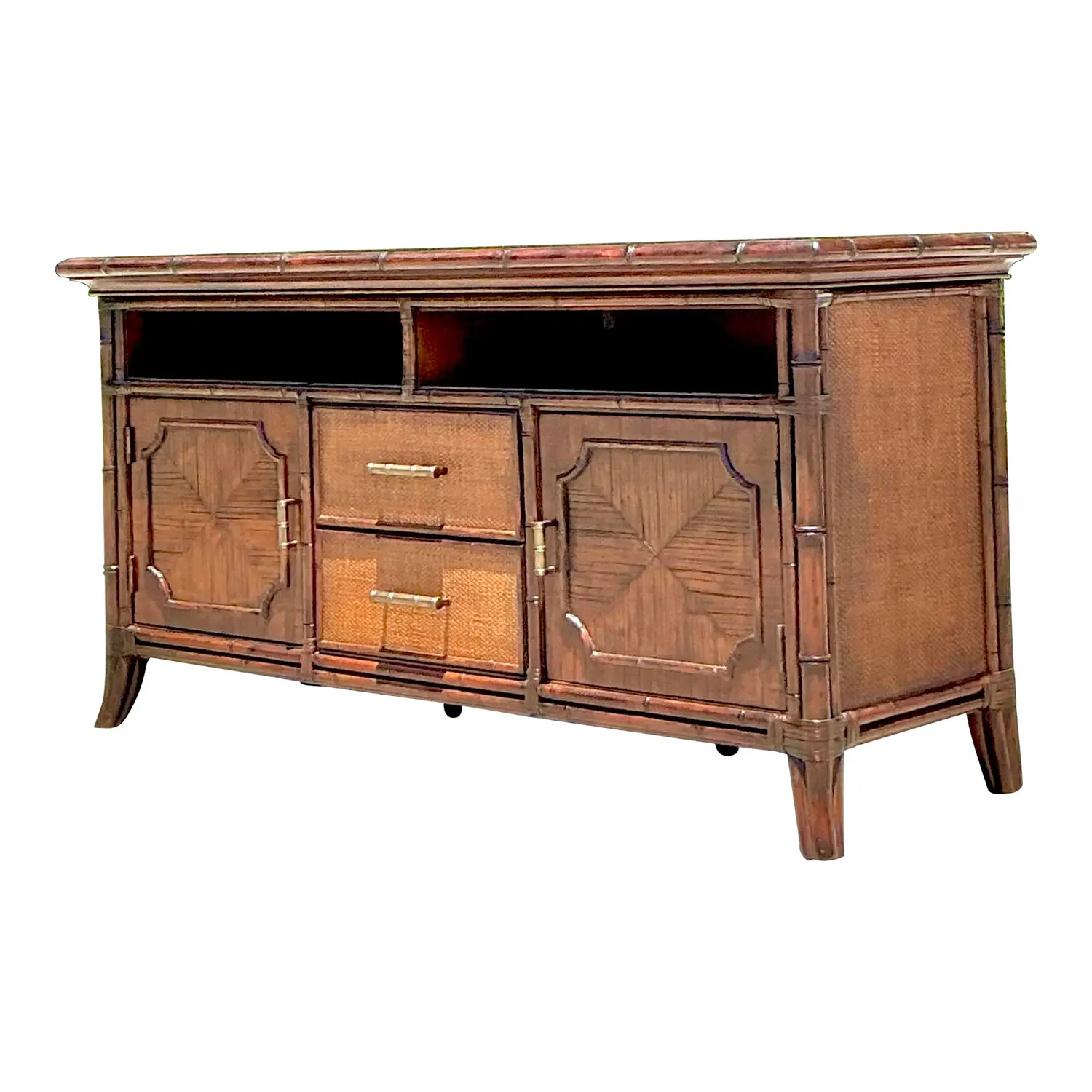 Vintage Coastal Sligh Inset Rattan Credenza