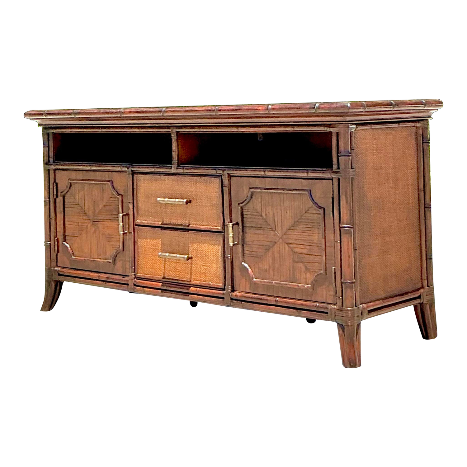 Vintage Coastal Sligh Inset Rattan Credenza - Detail view