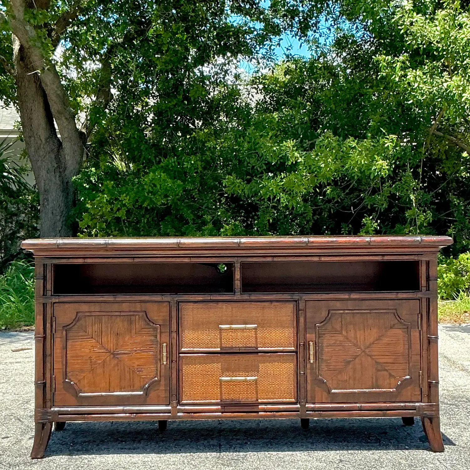 Vintage Coastal Sligh Inset Rattan Credenza - Side view