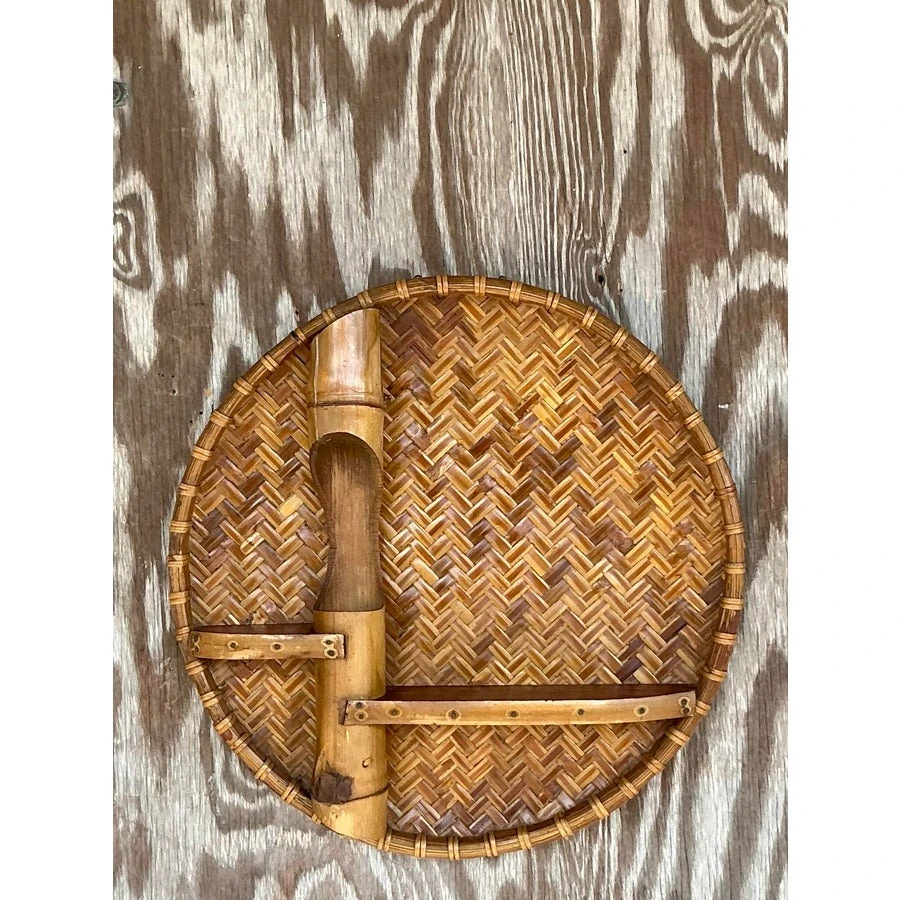 Vintage Coastal Small Woven Rattan and Bamboo Wall Shelf - Side view