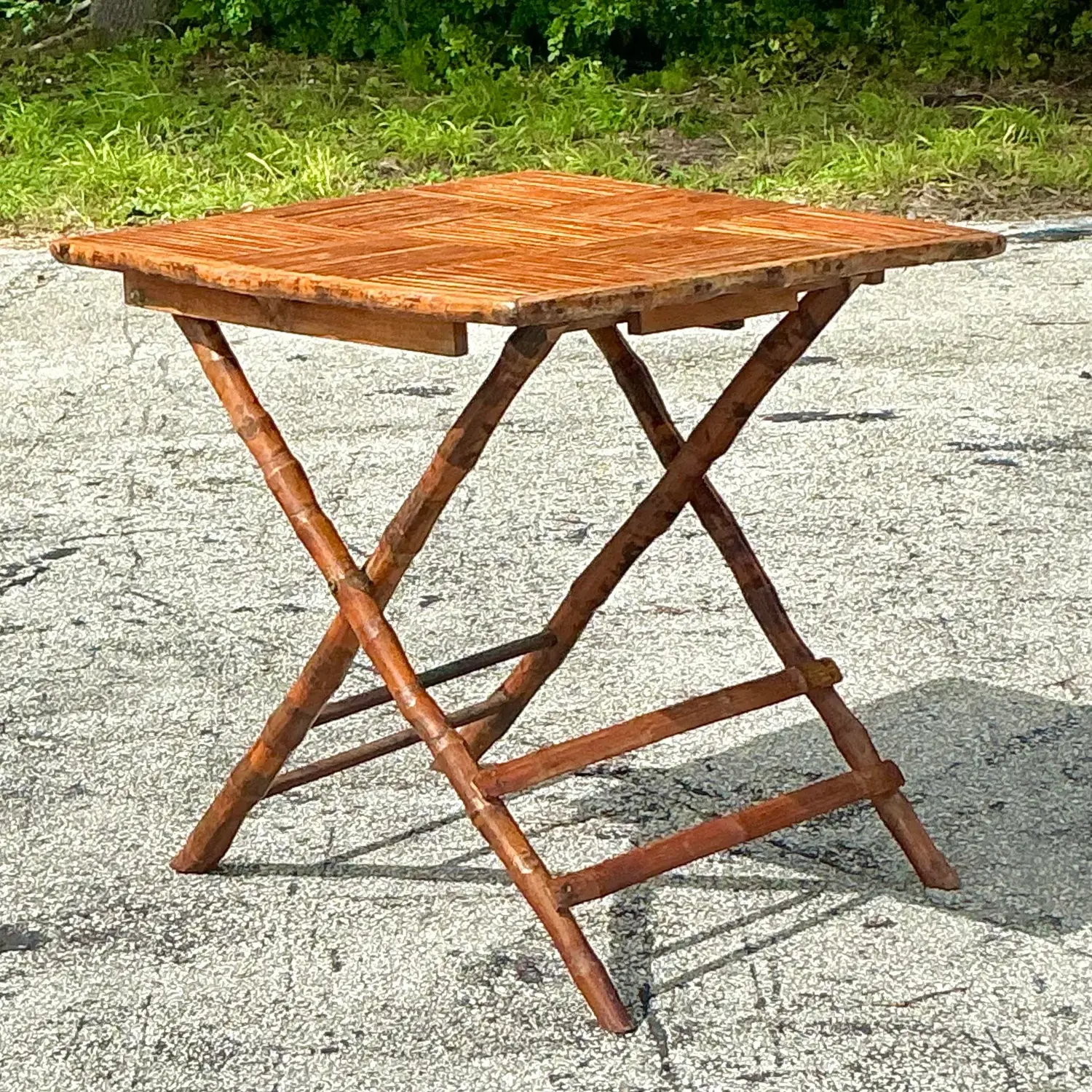 Vintage Coastal Split Bamboo Folding Table - Side view