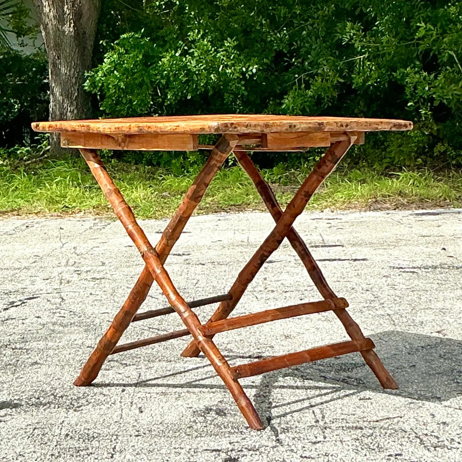 Vintage Coastal Split Bamboo Folding Table - Back view
