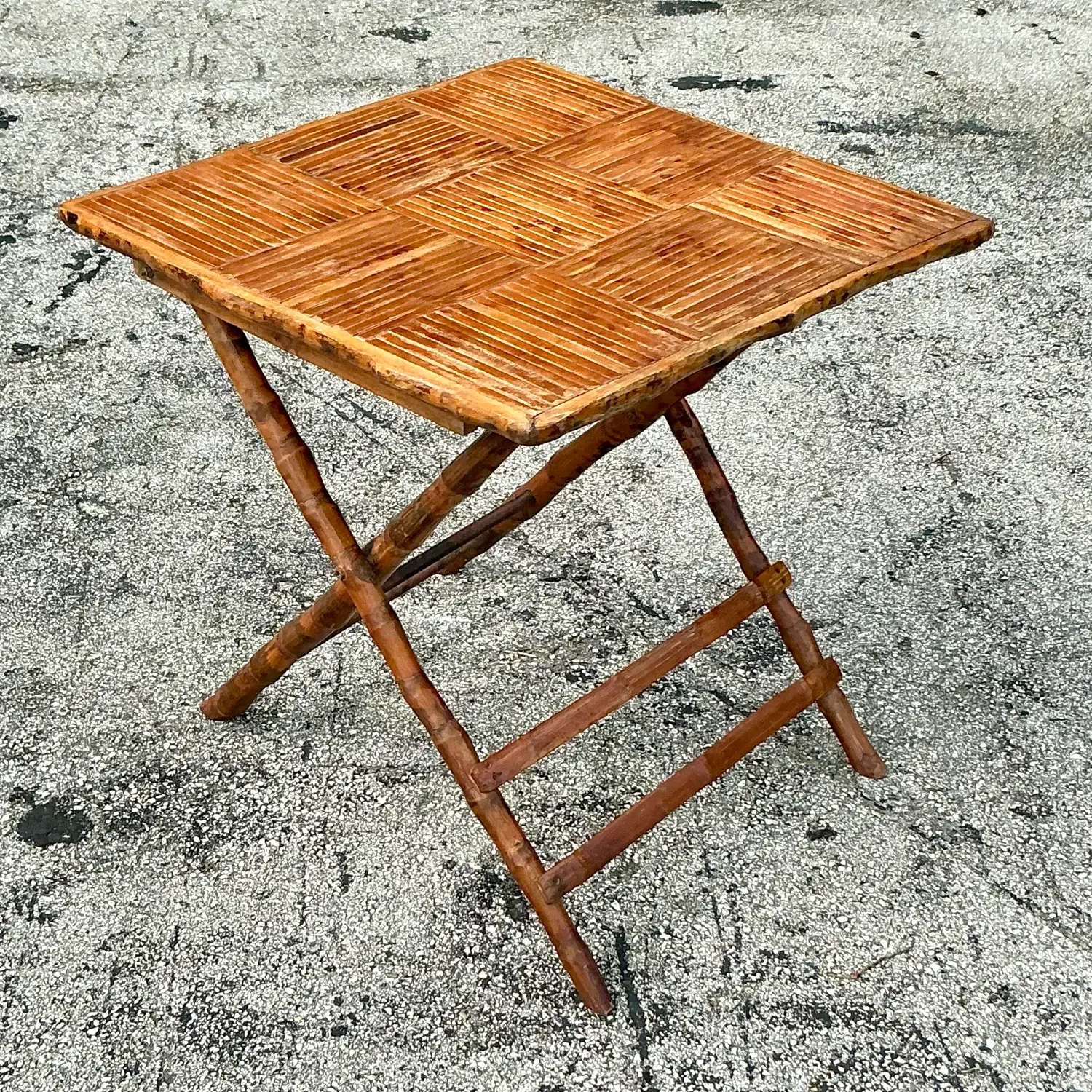 Vintage Coastal Split Bamboo Folding Table - Top view