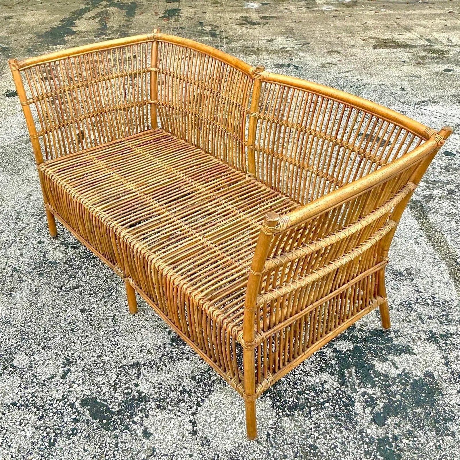 Vintage Coastal Stick Rattan Loveseat - Top view