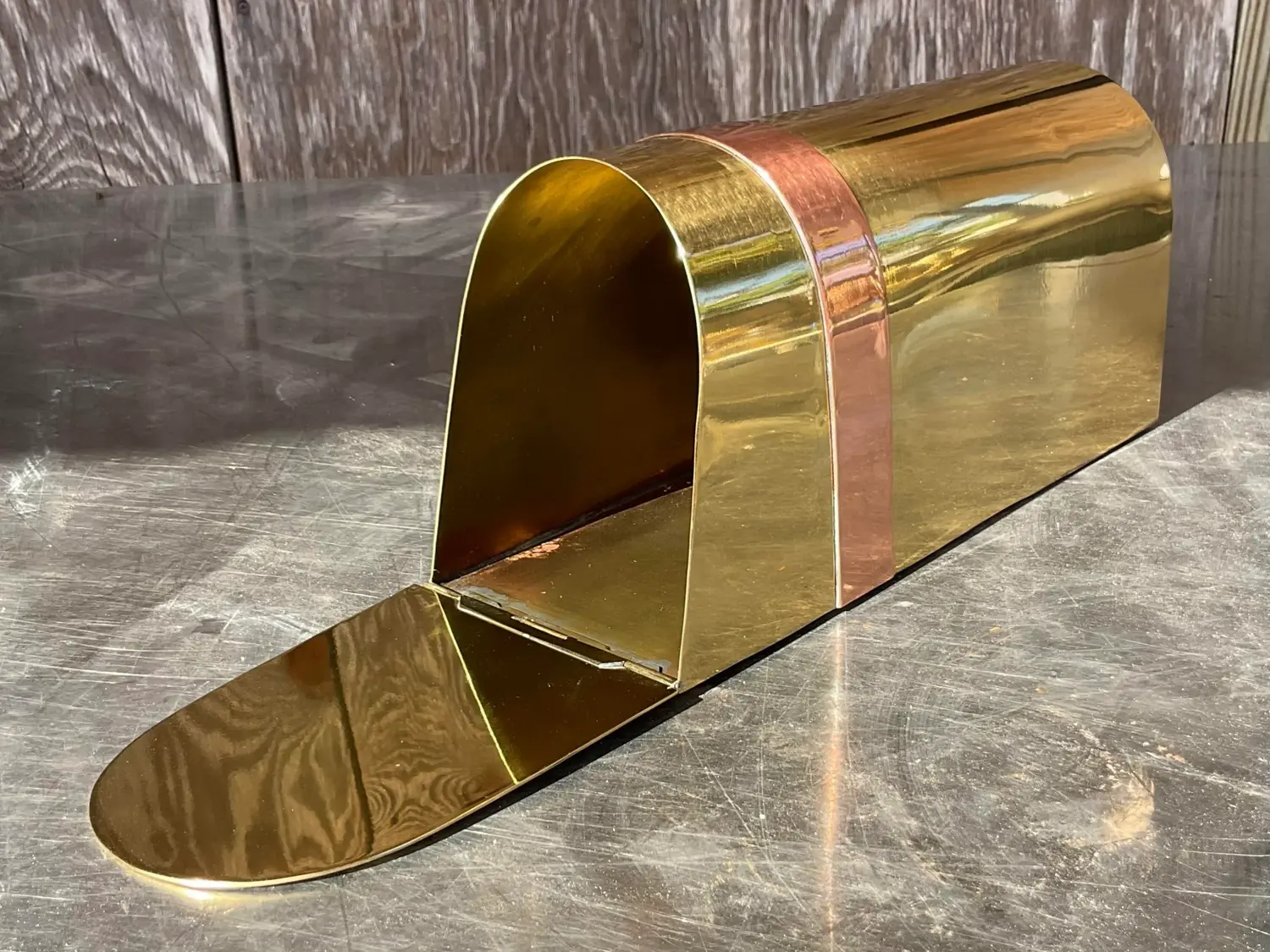 Vintage Coastal Tagged Spanish Sarreid Brass and Copper Mailbox - Detail view
