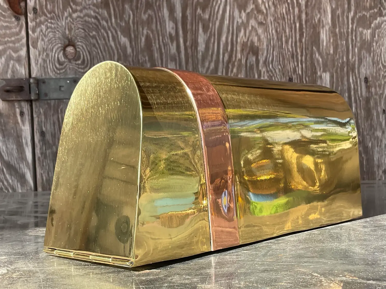 Vintage Coastal Tagged Spanish Sarreid Brass and Copper Mailbox - Top view