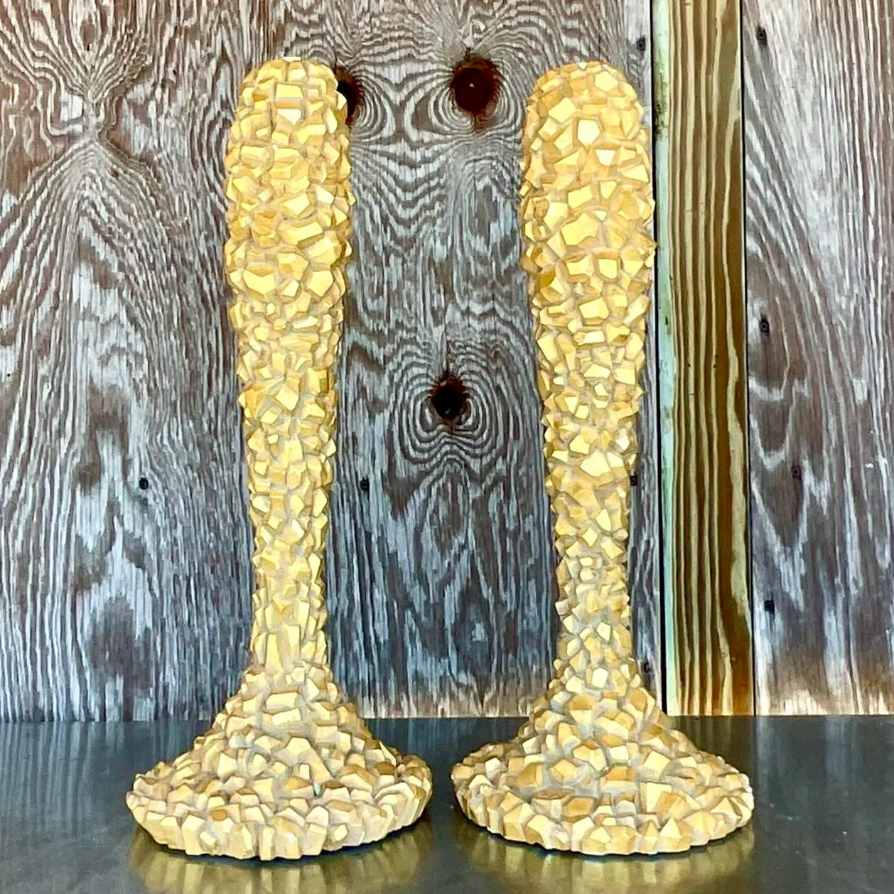 Vintage Coastal Textured Candlesticks After Nancy Corzine - a Pair - Back view