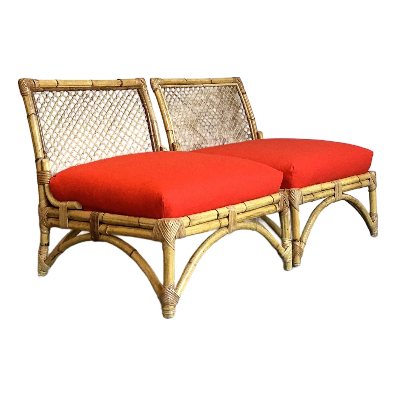 Vintage Coastal Trellis Rattan Slipper Chairs - A Pair - Detail view