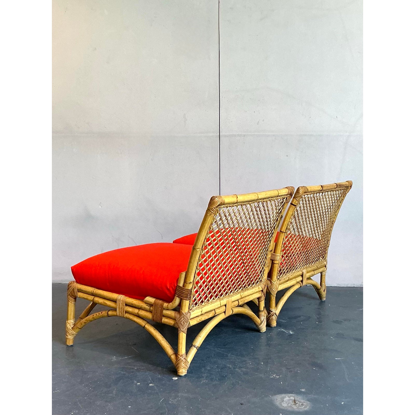 Vintage Coastal Trellis Rattan Slipper Chairs - A Pair - Top view