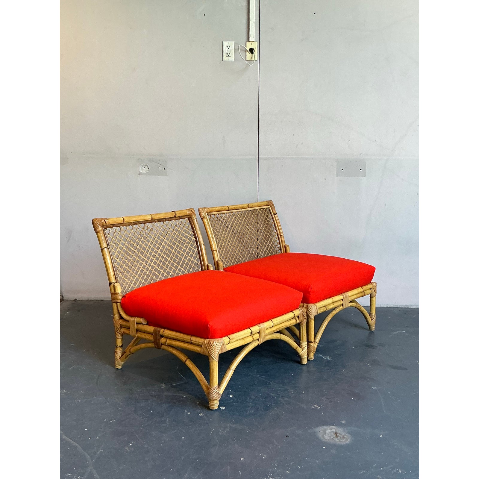 Vintage Coastal Trellis Rattan Slipper Chairs - A Pair - Side view