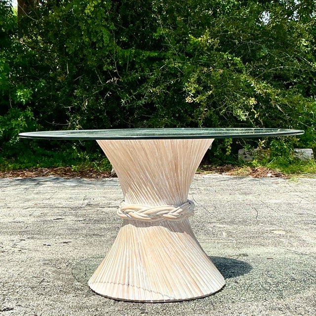 Vintage Coastal Twisted Rattan Dining Table After McGuire - Side view