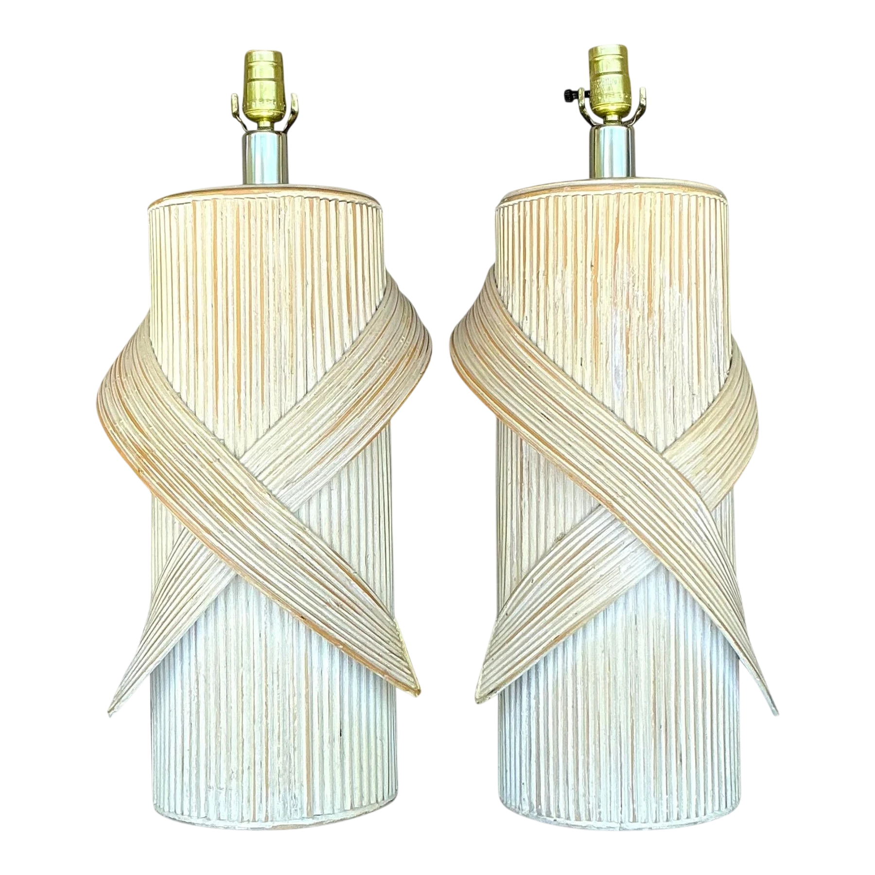 Vintage Coastal Washed Pencil Reed Lamps - a Pair - Detail view