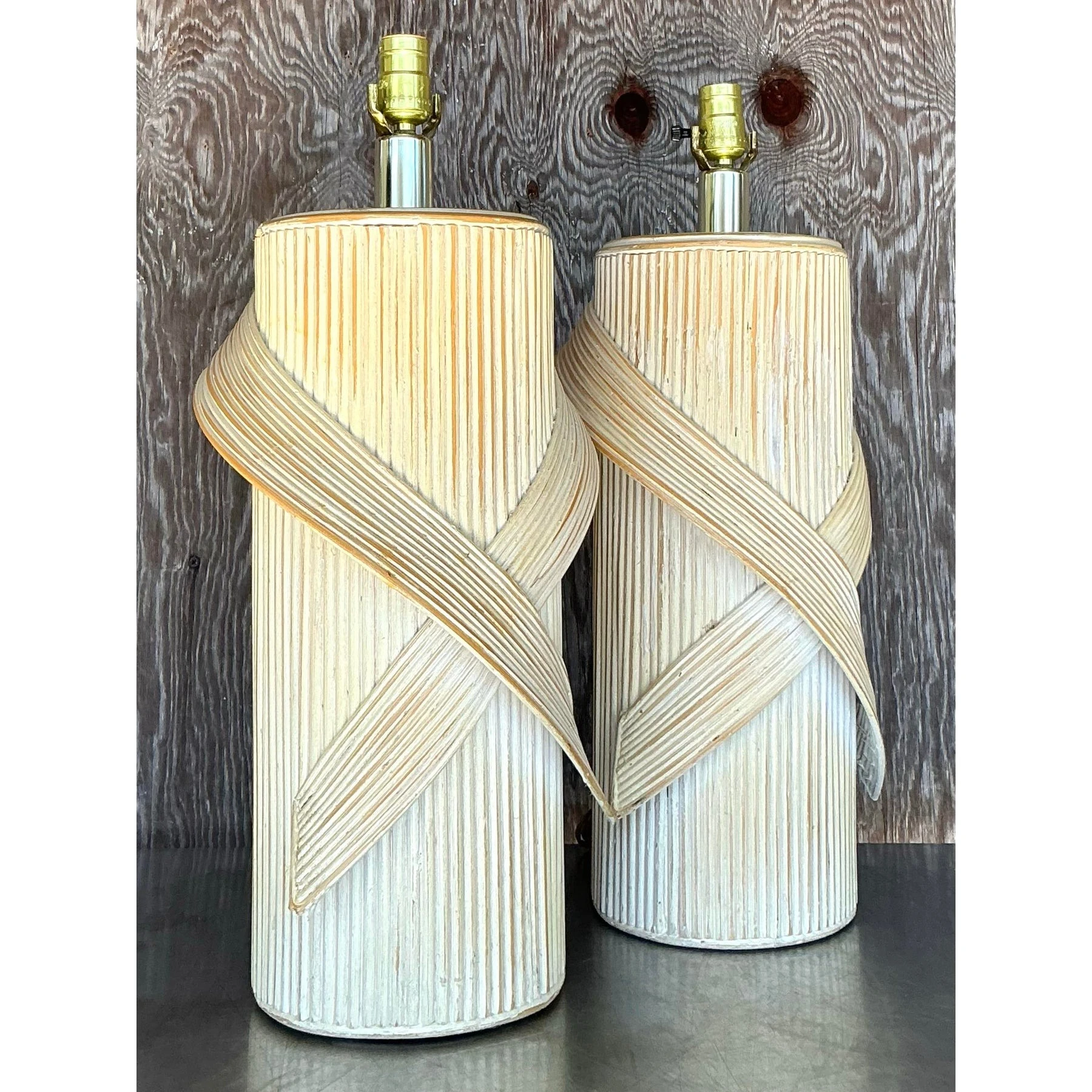 Vintage Coastal Washed Pencil Reed Lamps - a Pair - Top view