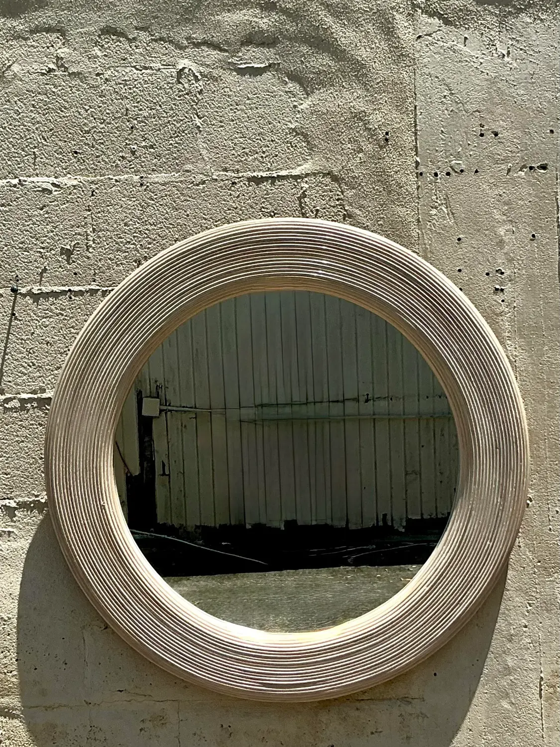 Vintage Coastal Washed Pencil Reed Round Mirror - Side view