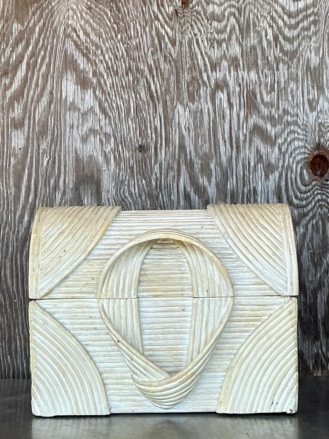 Vintage Coastal Washed Pencil Reed Treasure Chest Box - Back view