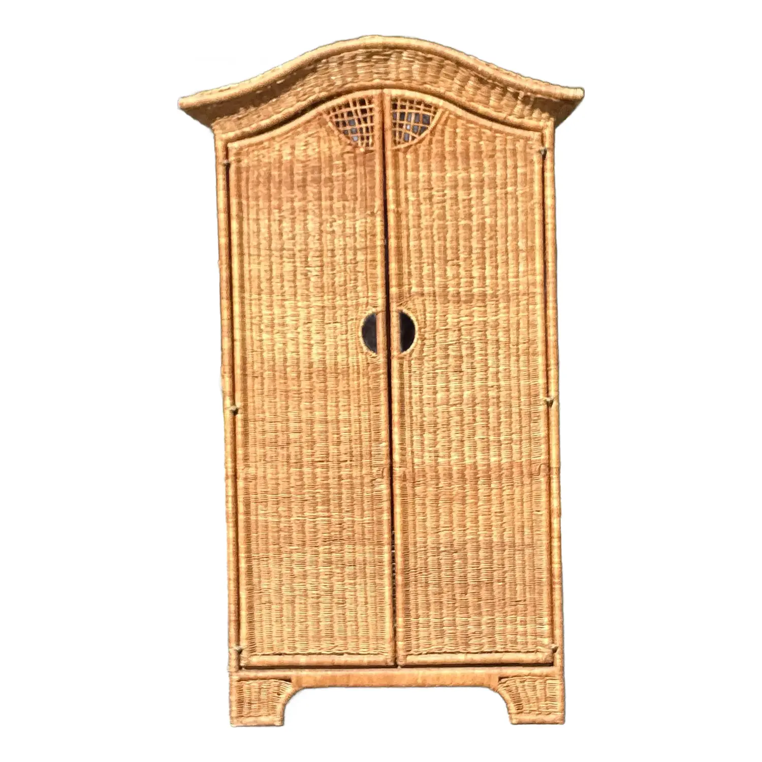 Vintage Coastal Woven Rattan Arched Armoire