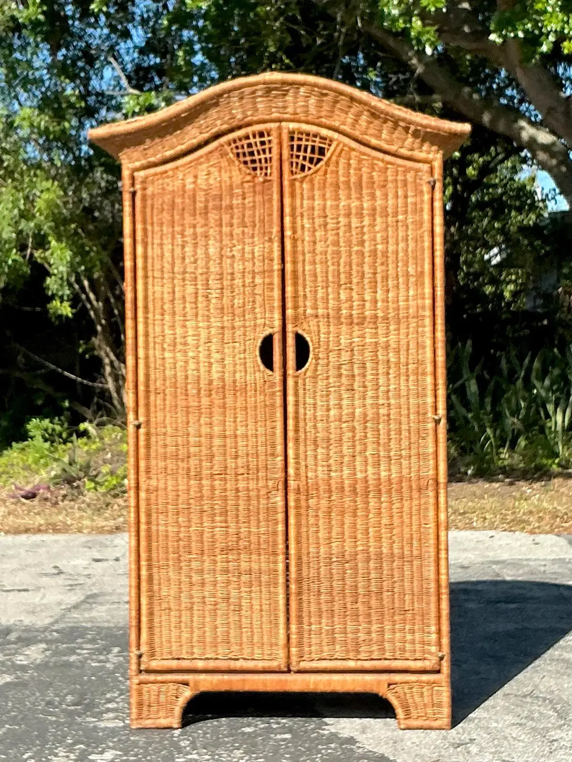 Vintage Coastal Woven Rattan Arched Armoire - Detail view