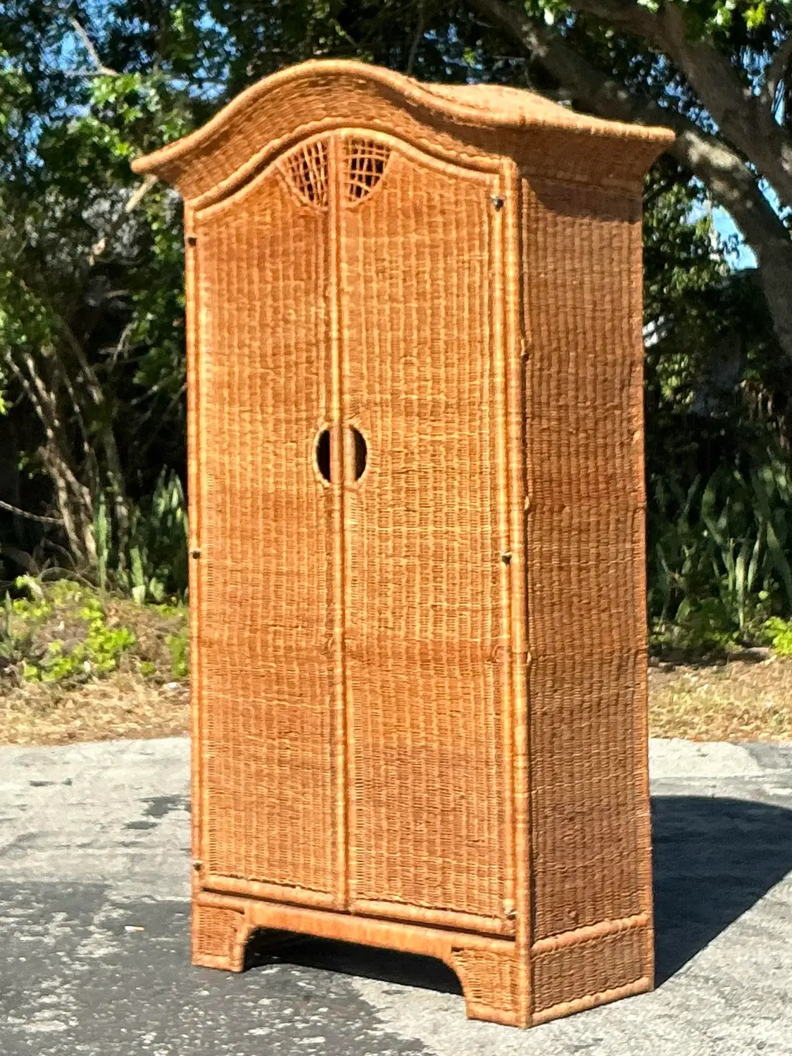 Vintage Coastal Woven Rattan Arched Armoire - Top view