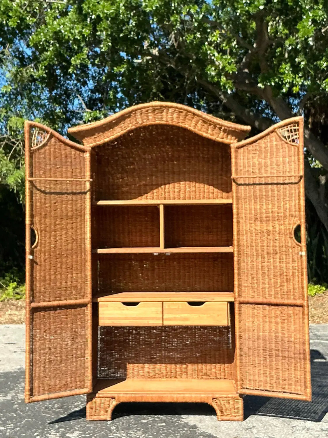 Vintage Coastal Woven Rattan Arched Armoire - Back view
