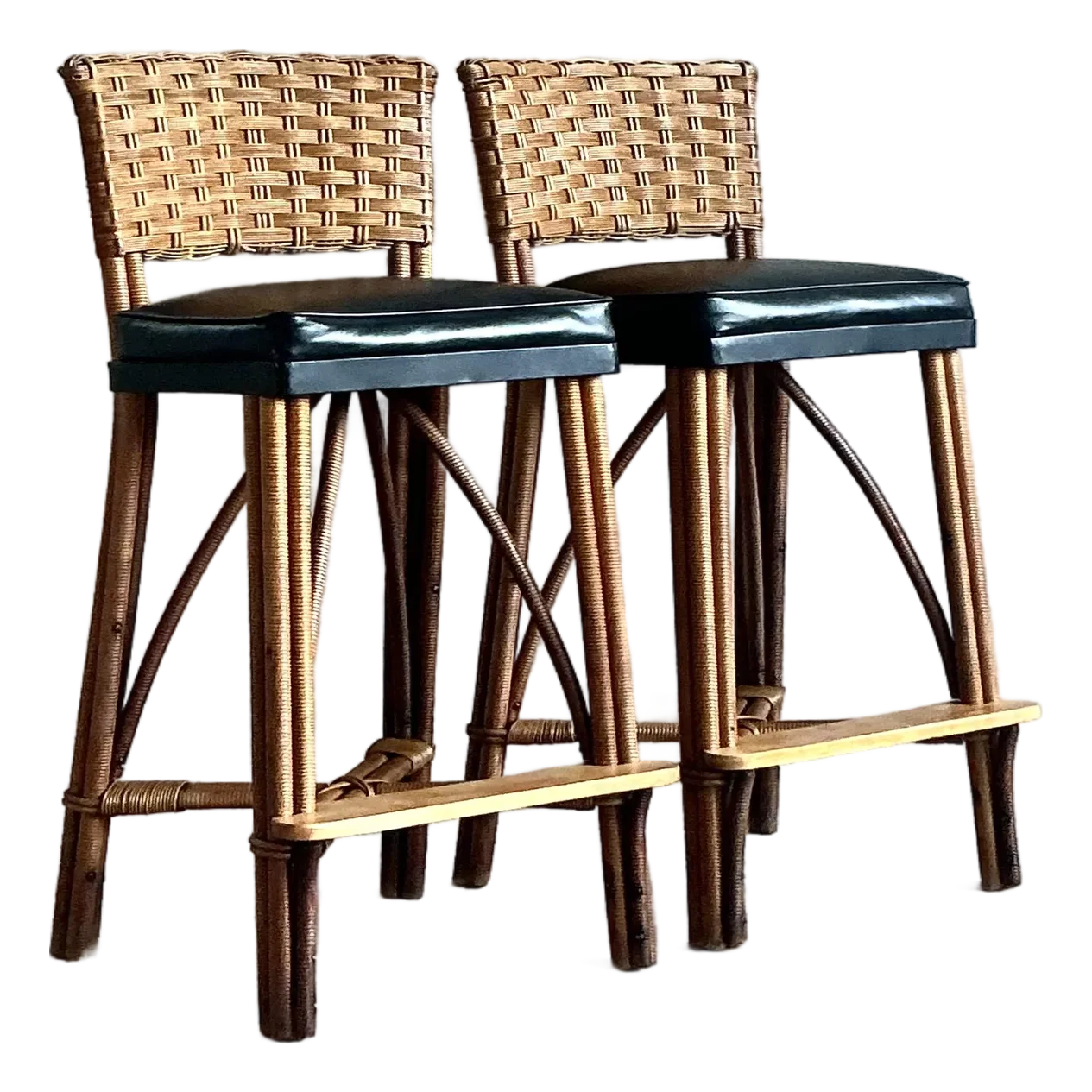 Vintage Coastal Woven Rattan Bar Stools - A Pair - Detail view