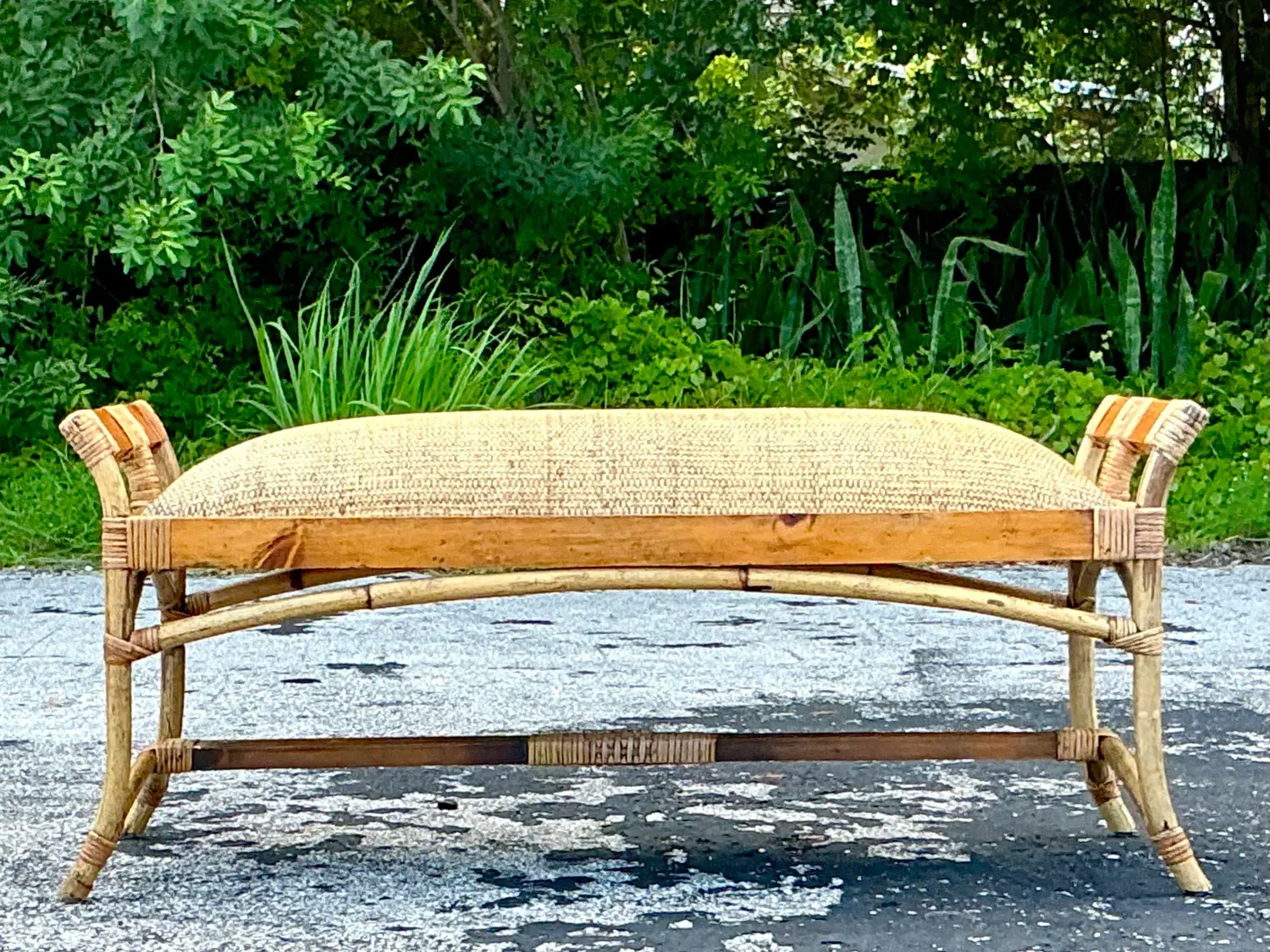 Vintage Coastal Woven Rattan Bench - Side view
