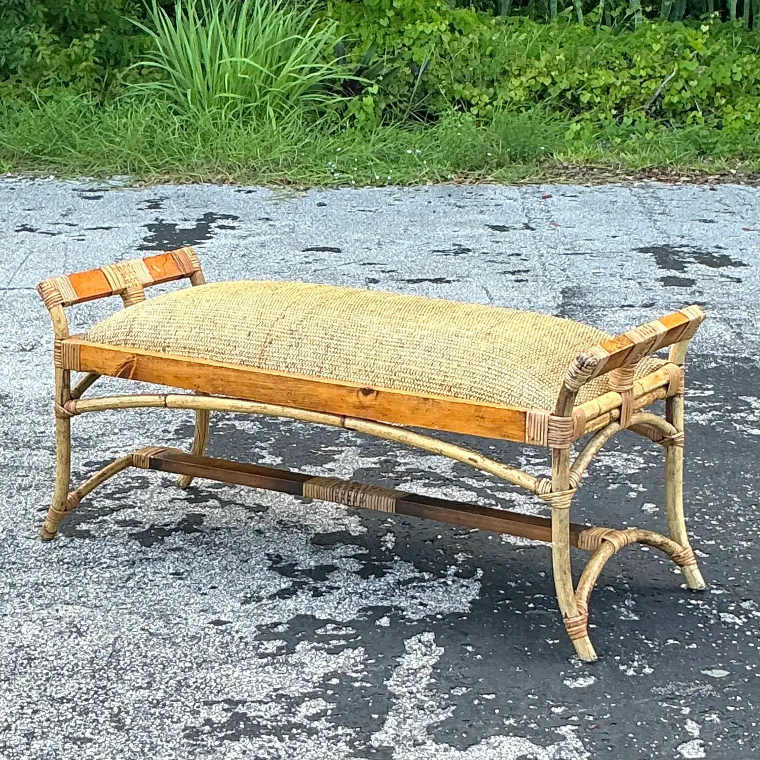 Vintage Coastal Woven Rattan Bench - Top view