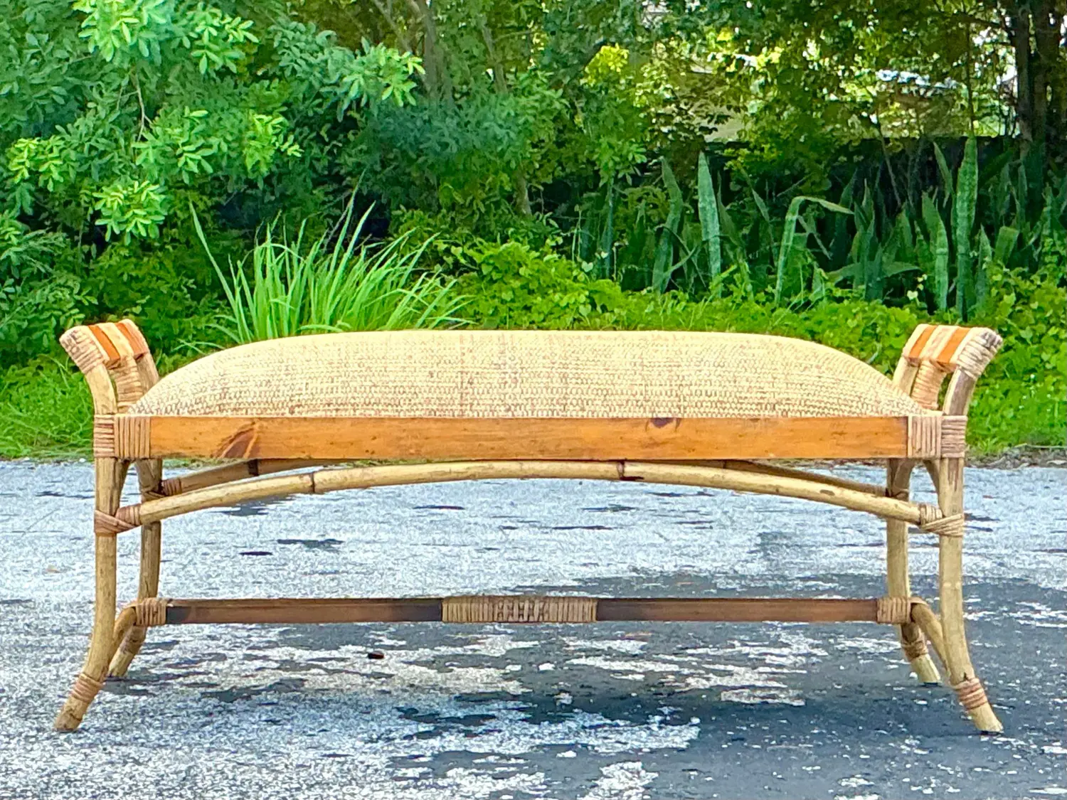 Vintage Coastal Woven Rattan Bench - Back view