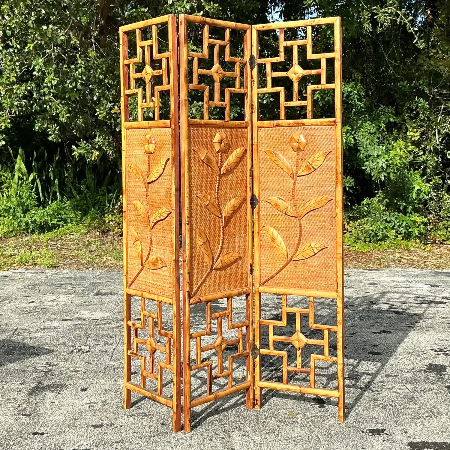 Vintage Coastal Woven Rattan Flowers Screen - Side view