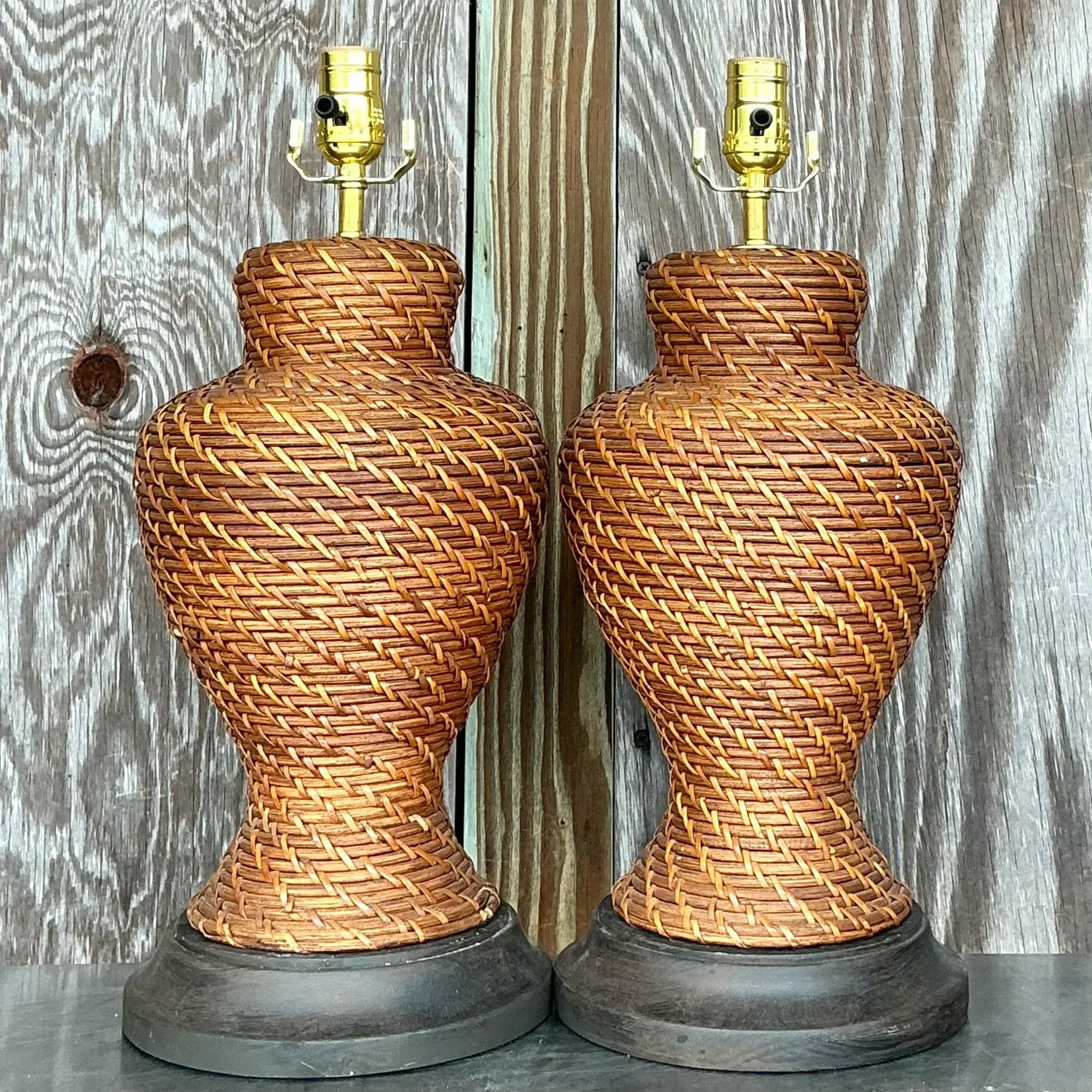 Vintage Coastal Woven Rattan Lamps - a Pair - Side view