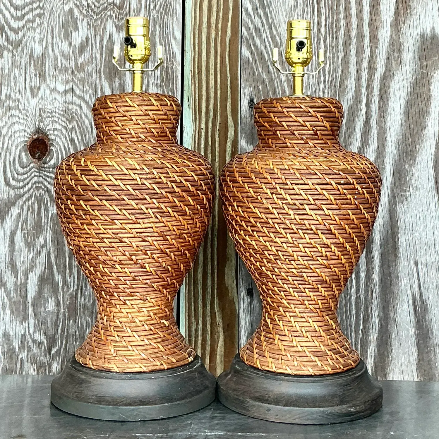 Vintage Coastal Woven Rattan Lamps - a Pair - Back view