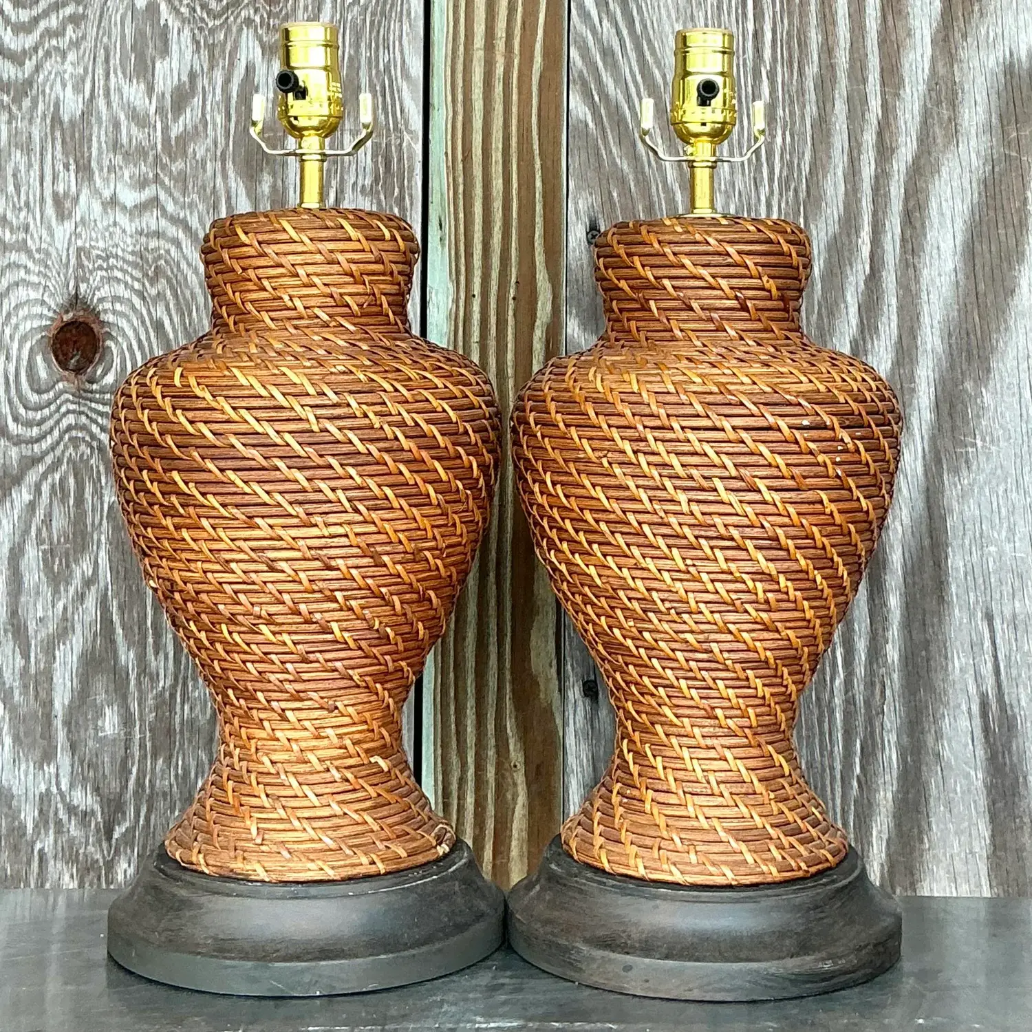 Vintage Coastal Woven Rattan Lamps - a Pair - Detail view