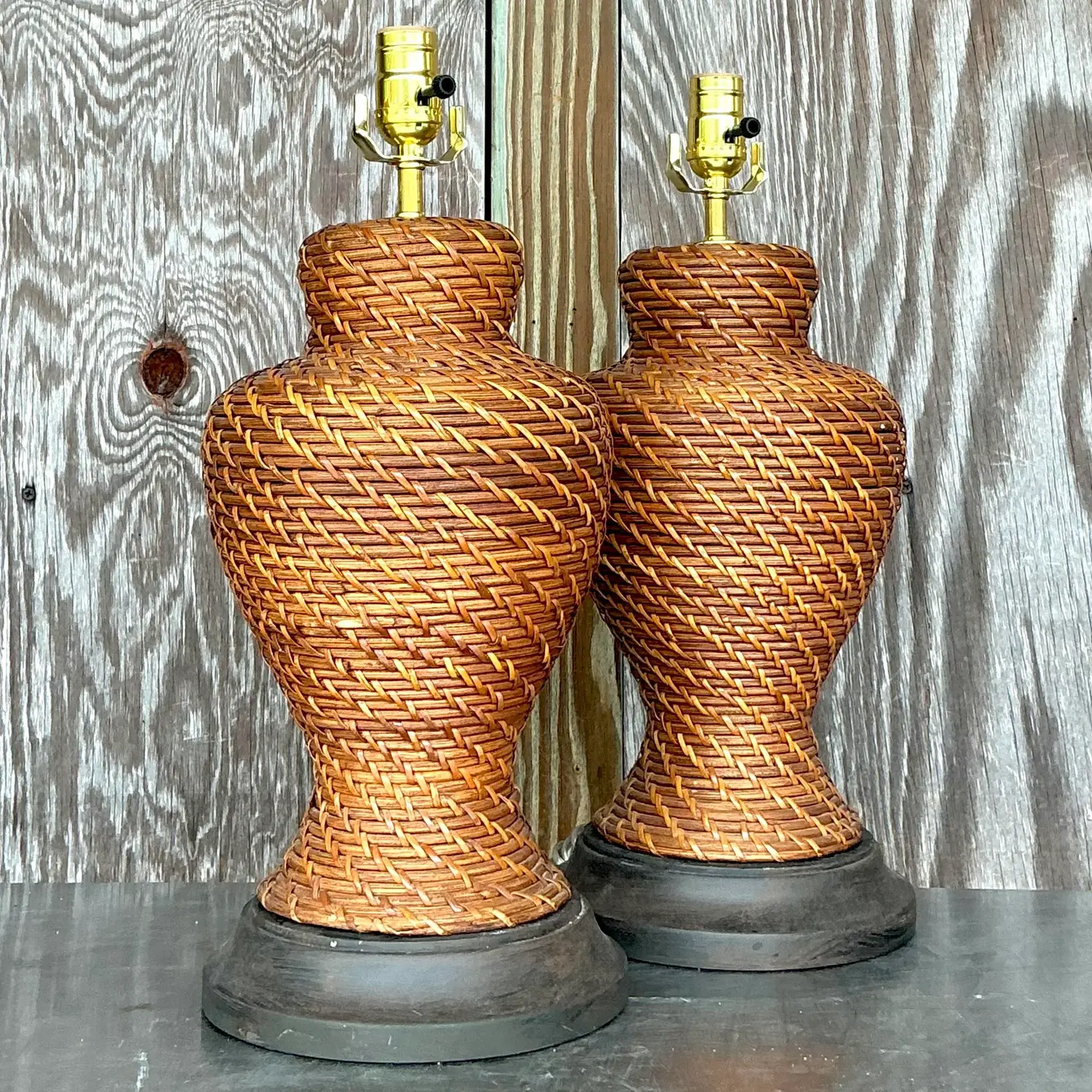 Vintage Coastal Woven Rattan Lamps - a Pair - Top view