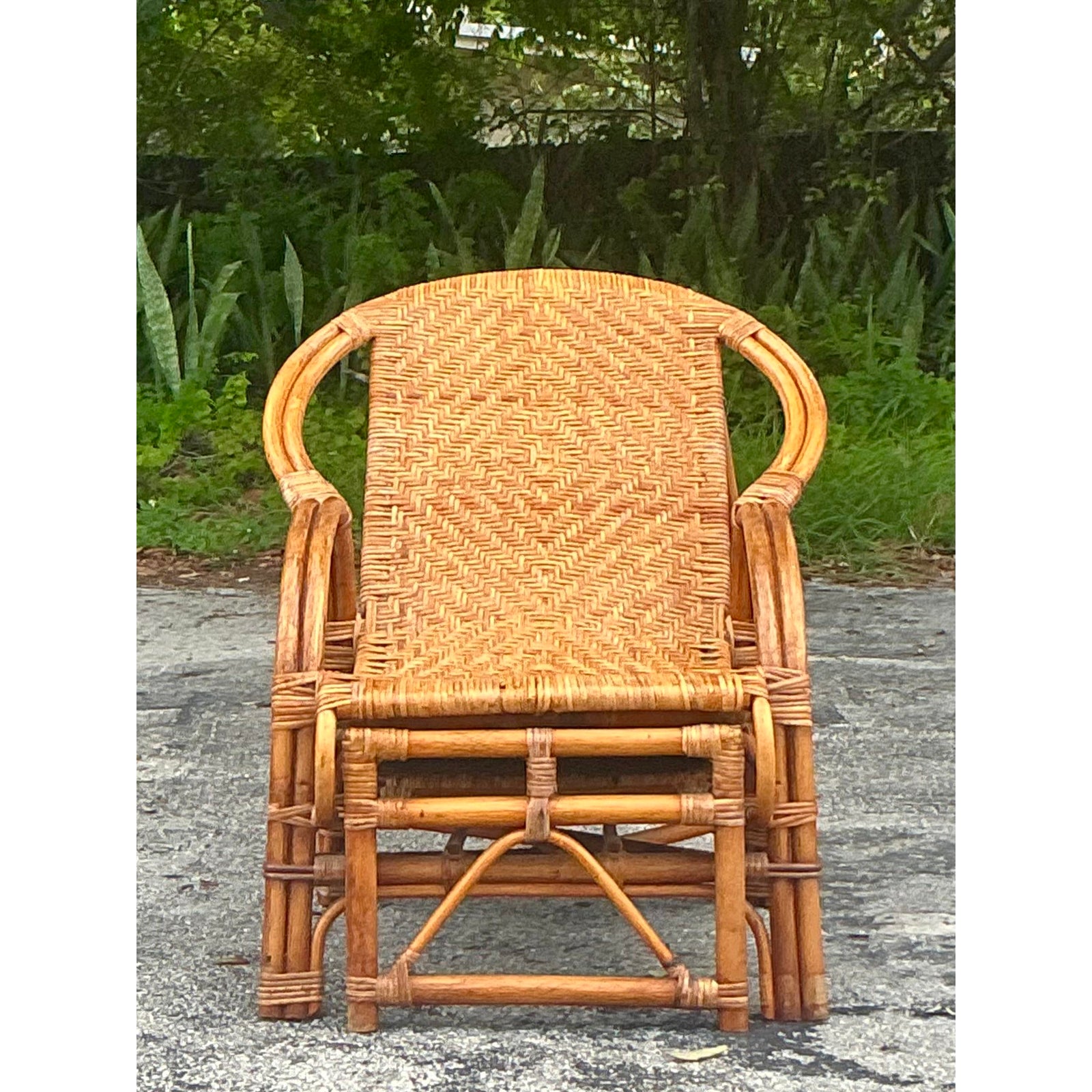 Vintage Coastal Woven Rattan Lounge Chair With Extending Foot Rest - Back view