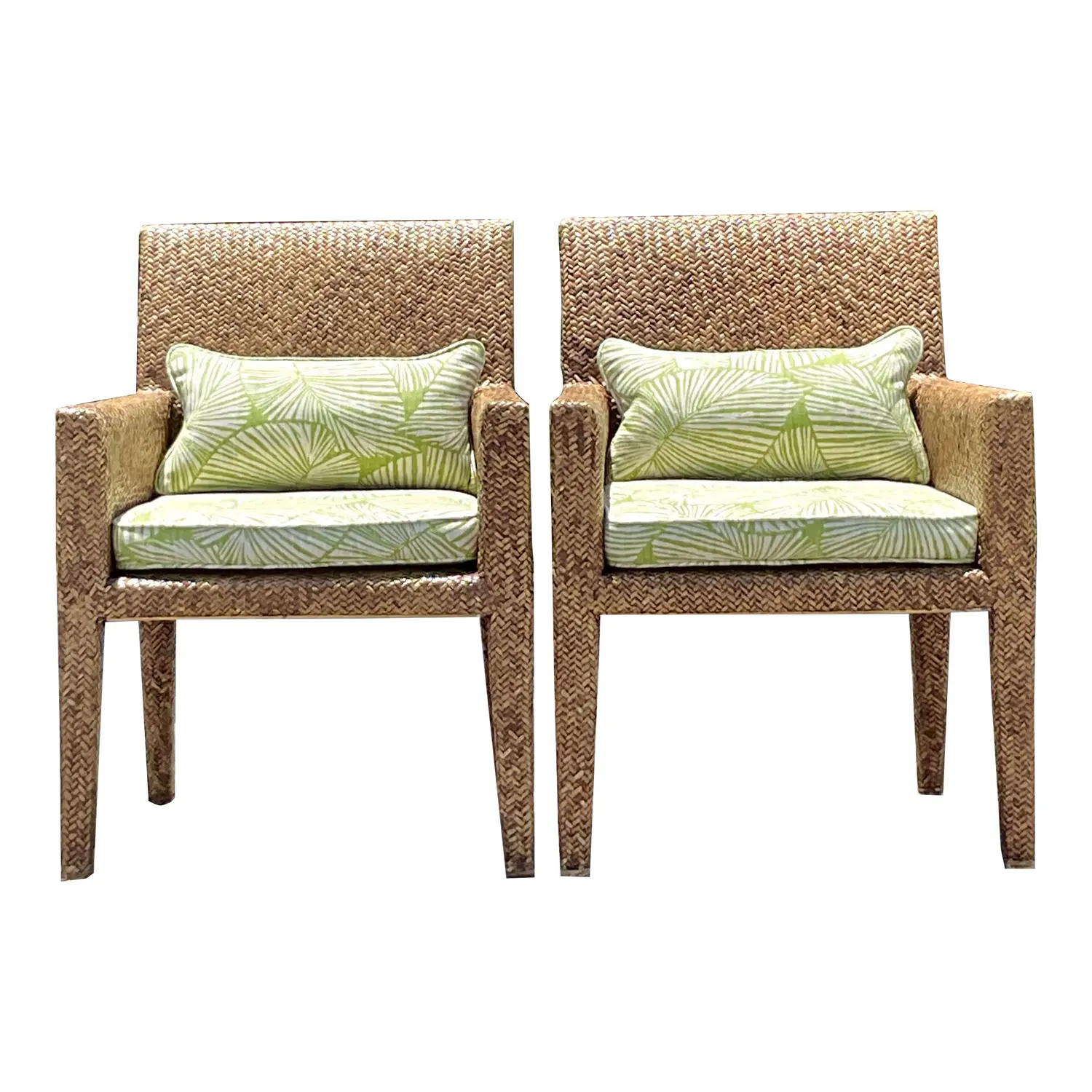 Vintage Coastal Woven Rattan Lounge Chairs - a Pair