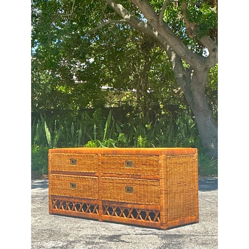 Vintage Coastal Woven Rattan Low Dresser - Top view