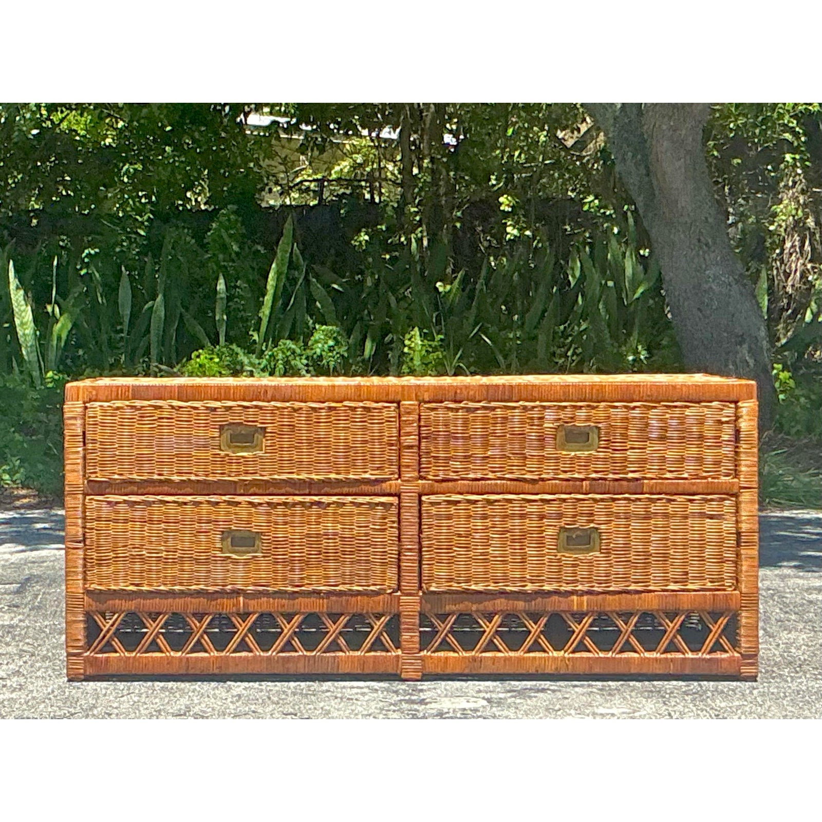 Vintage Coastal Woven Rattan Low Dresser - Side view