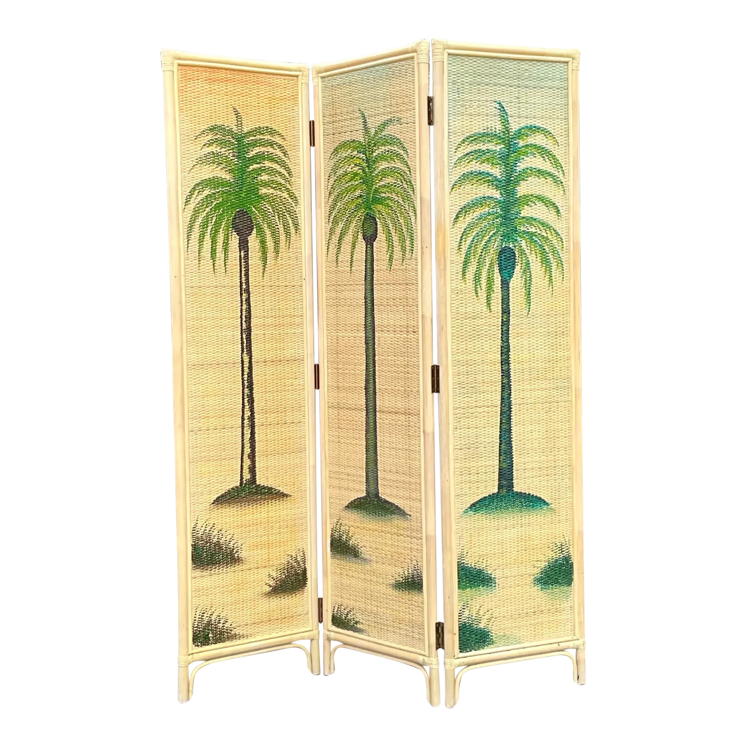 Vintage Coastal Woven Rattan Palm Tree Screen - Detail view