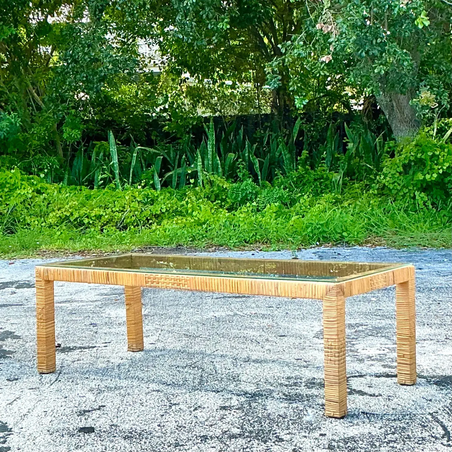 Vintage Coastal Wrapped Rattan Coffee Table - Side view