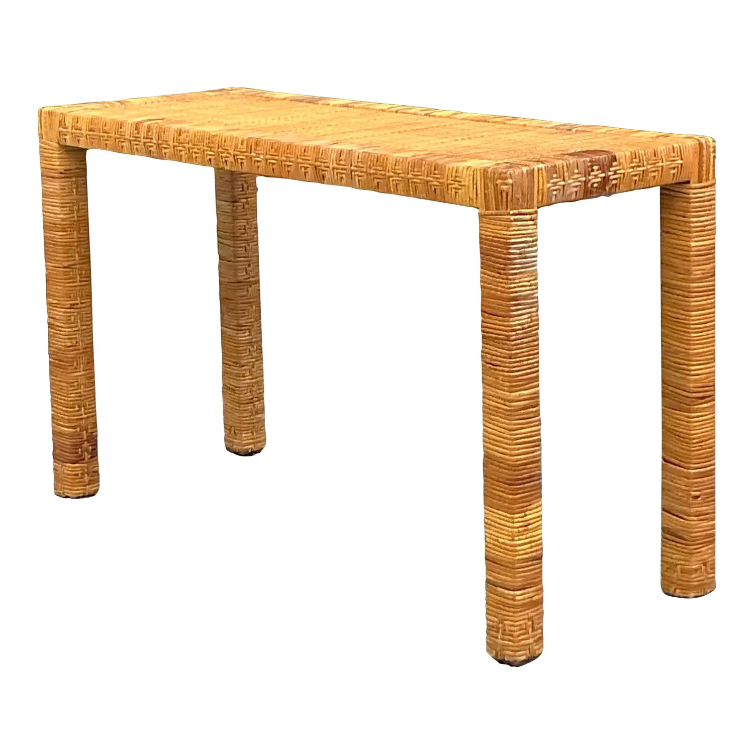 Vintage Coastal Wrapped Rattan Console Table After Bielecky Brothers