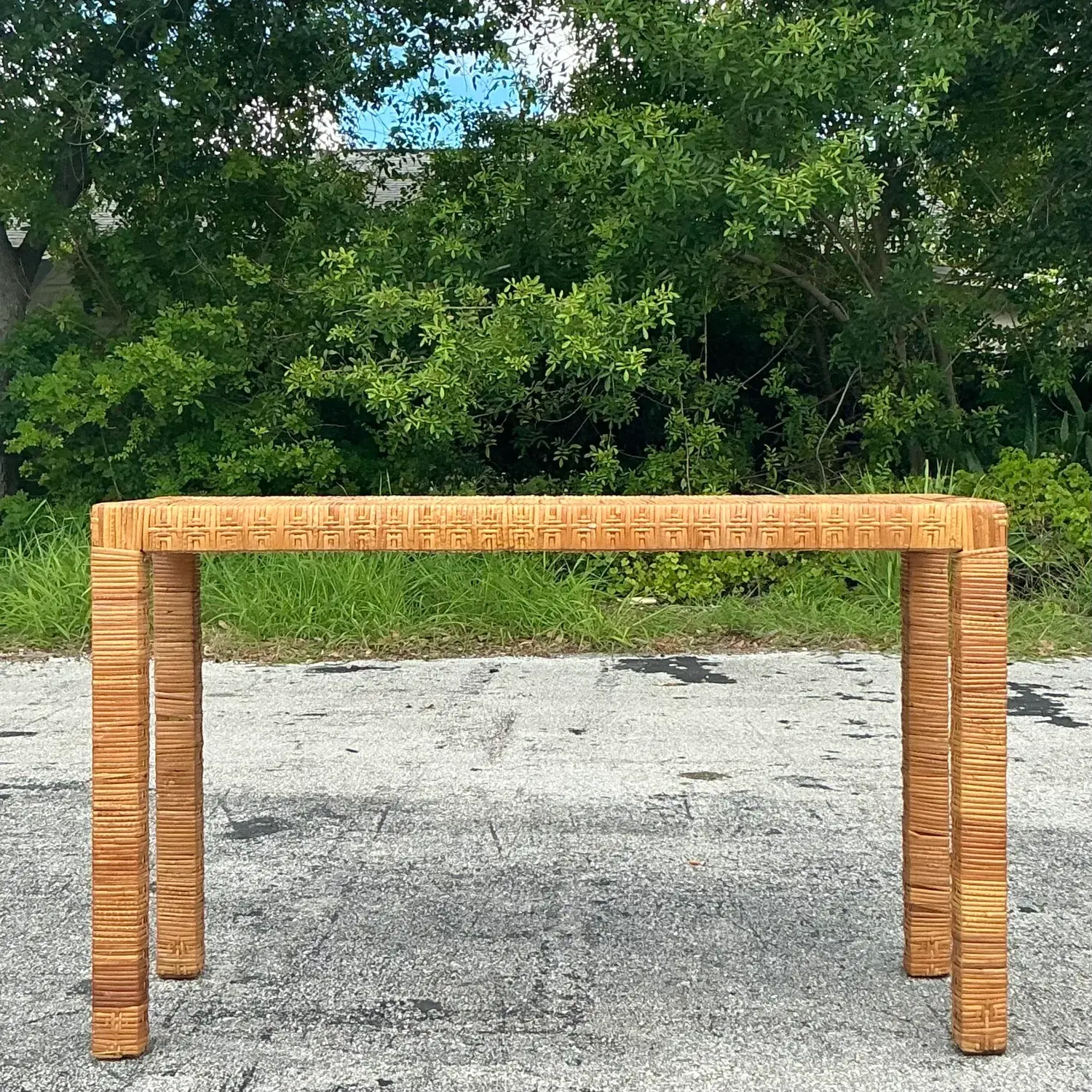 Vintage Coastal Wrapped Rattan Console Table After Bielecky Brothers - Detail view