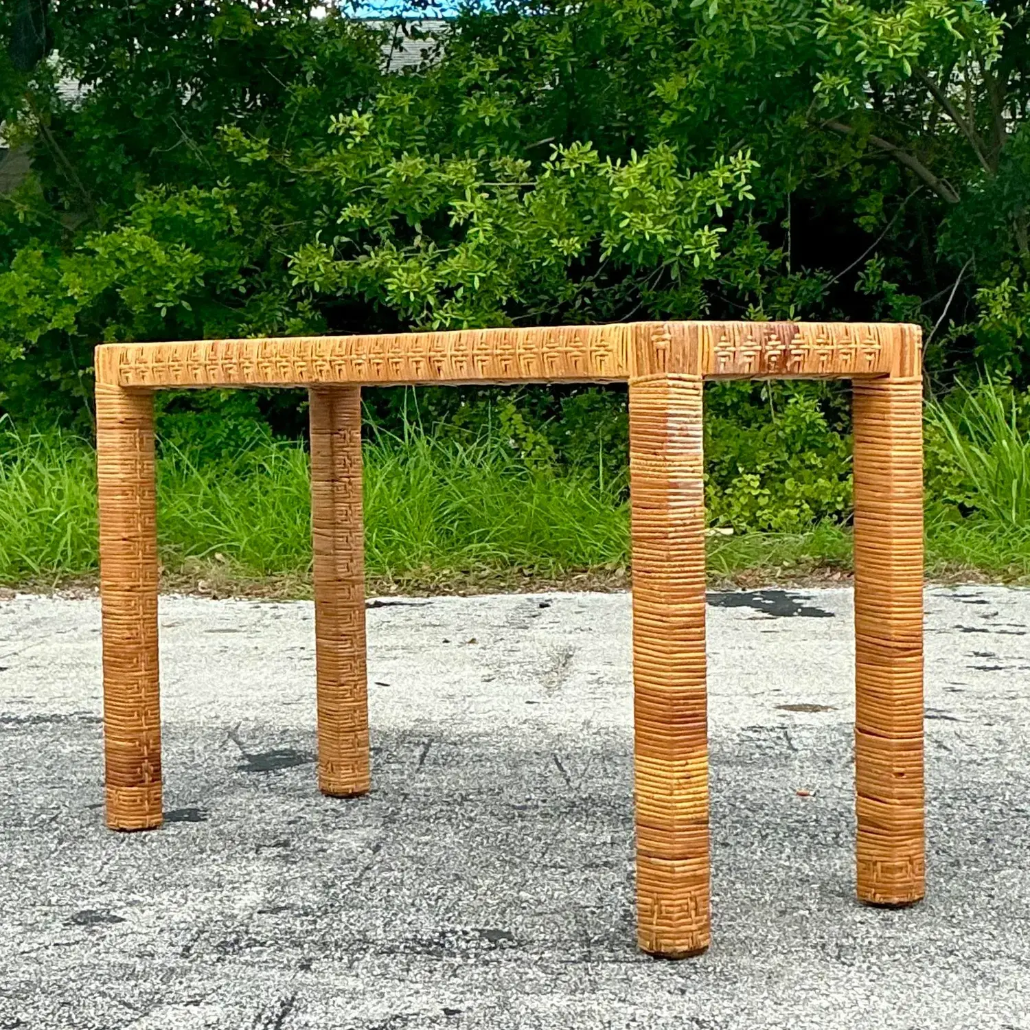 Vintage Coastal Wrapped Rattan Console Table After Bielecky Brothers - Back view