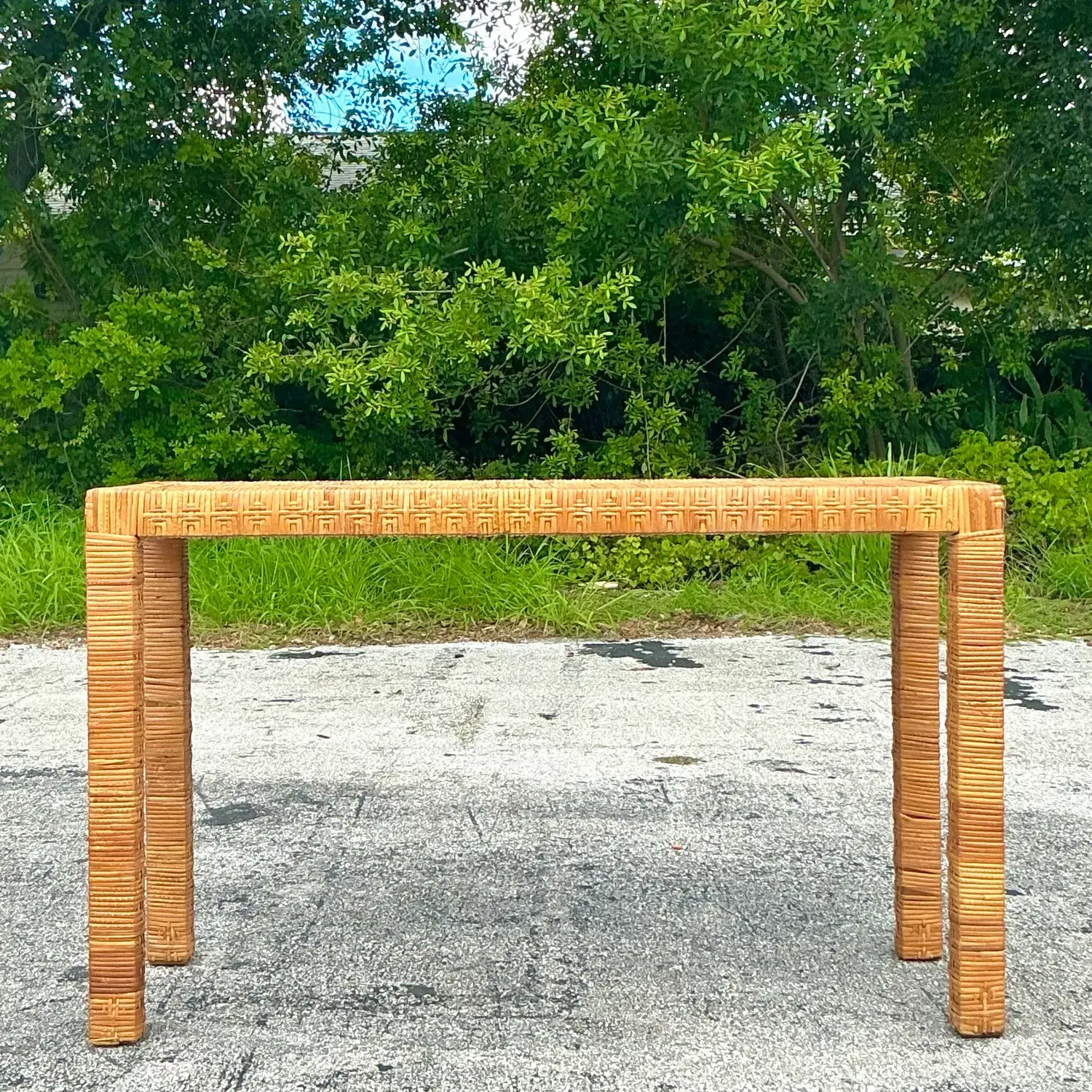 Vintage Coastal Wrapped Rattan Console Table After Bielecky Brothers - Top view