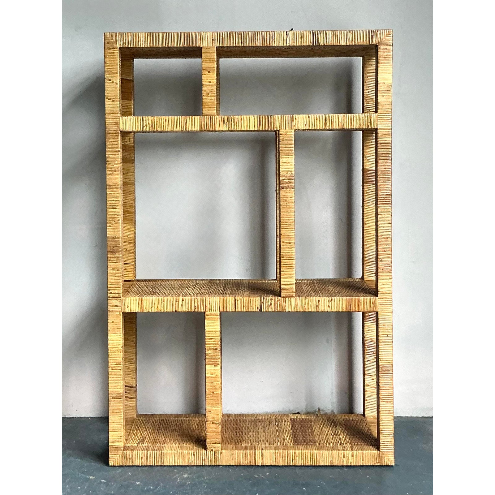 Vintage Coastal Wrapped Rattan Etagere - Side view