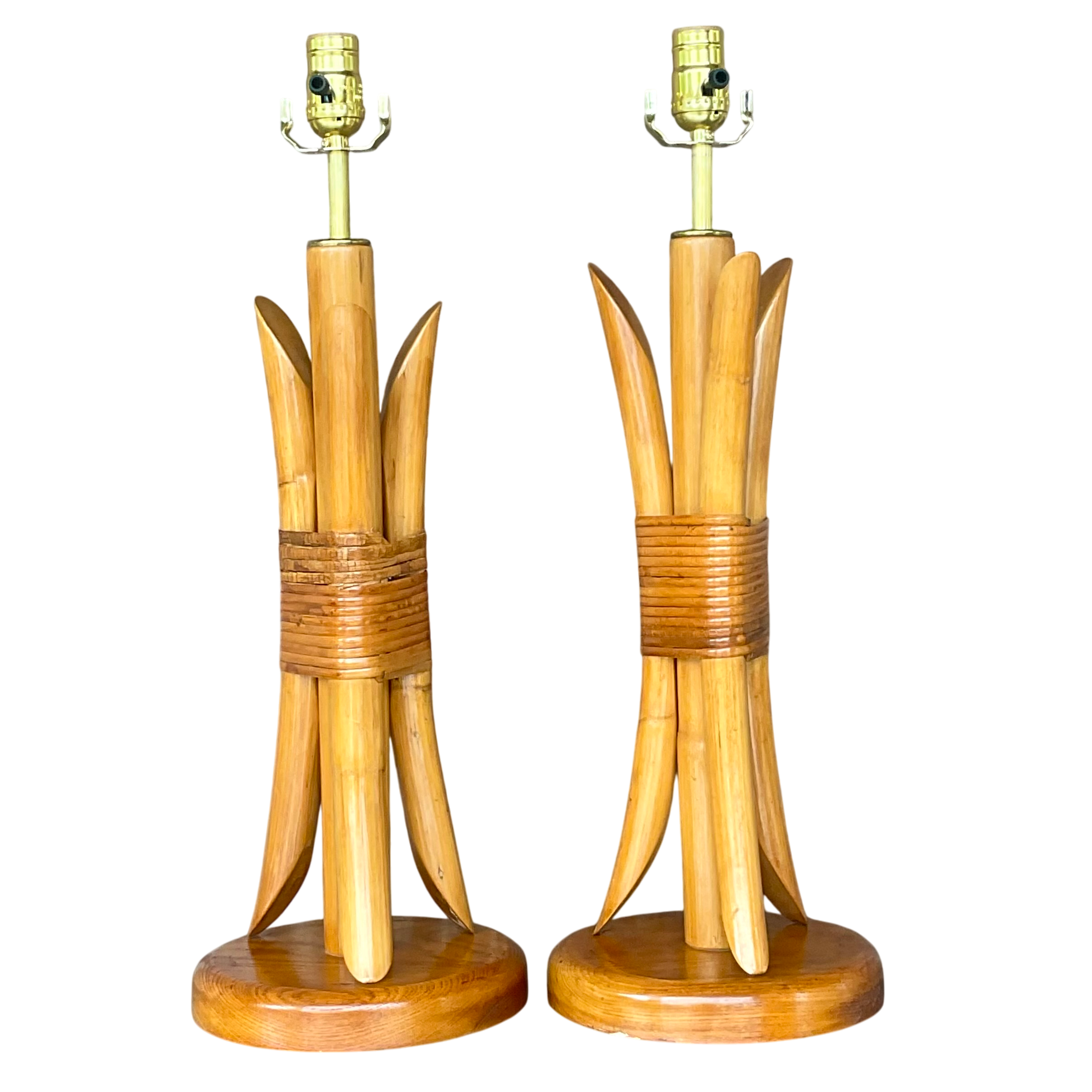 Vintage Coastal Wrapped Rattan Table Lamps- a Pair - Detail view