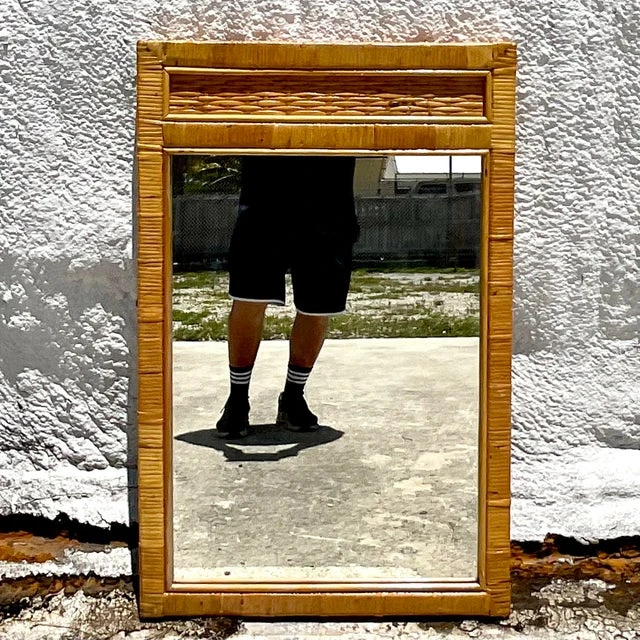 Vintage Coastal Wrapped Rattan Wall Mirror - Top view