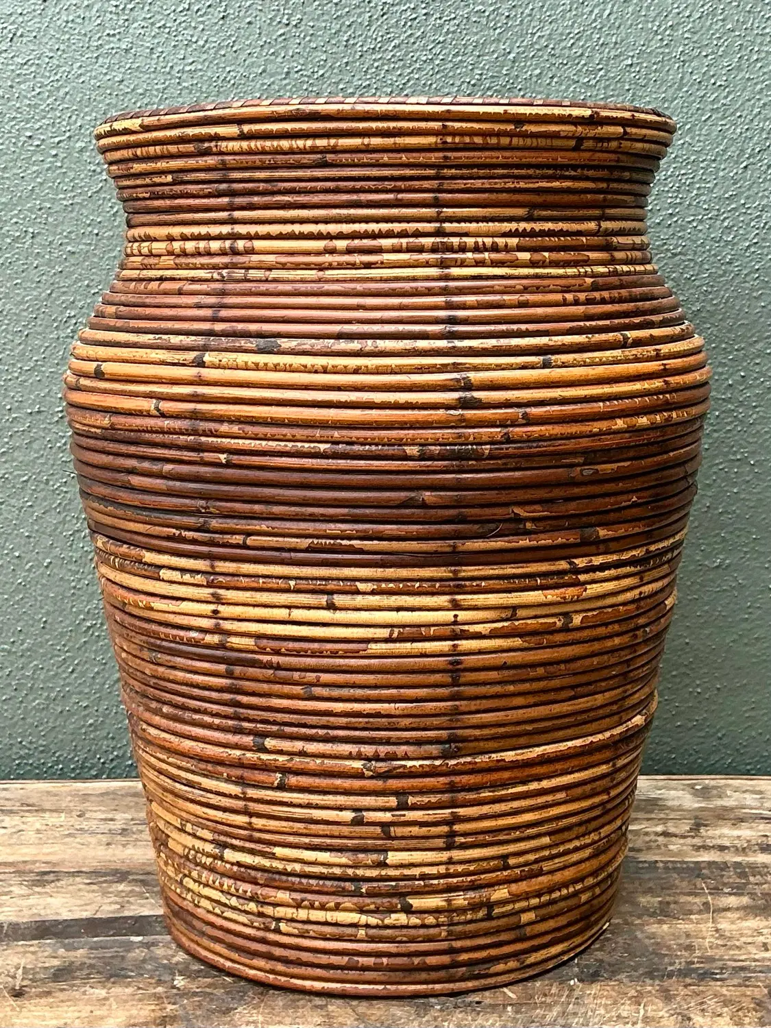Vintage Coiled Pencil Reed Floor Vase - Top view