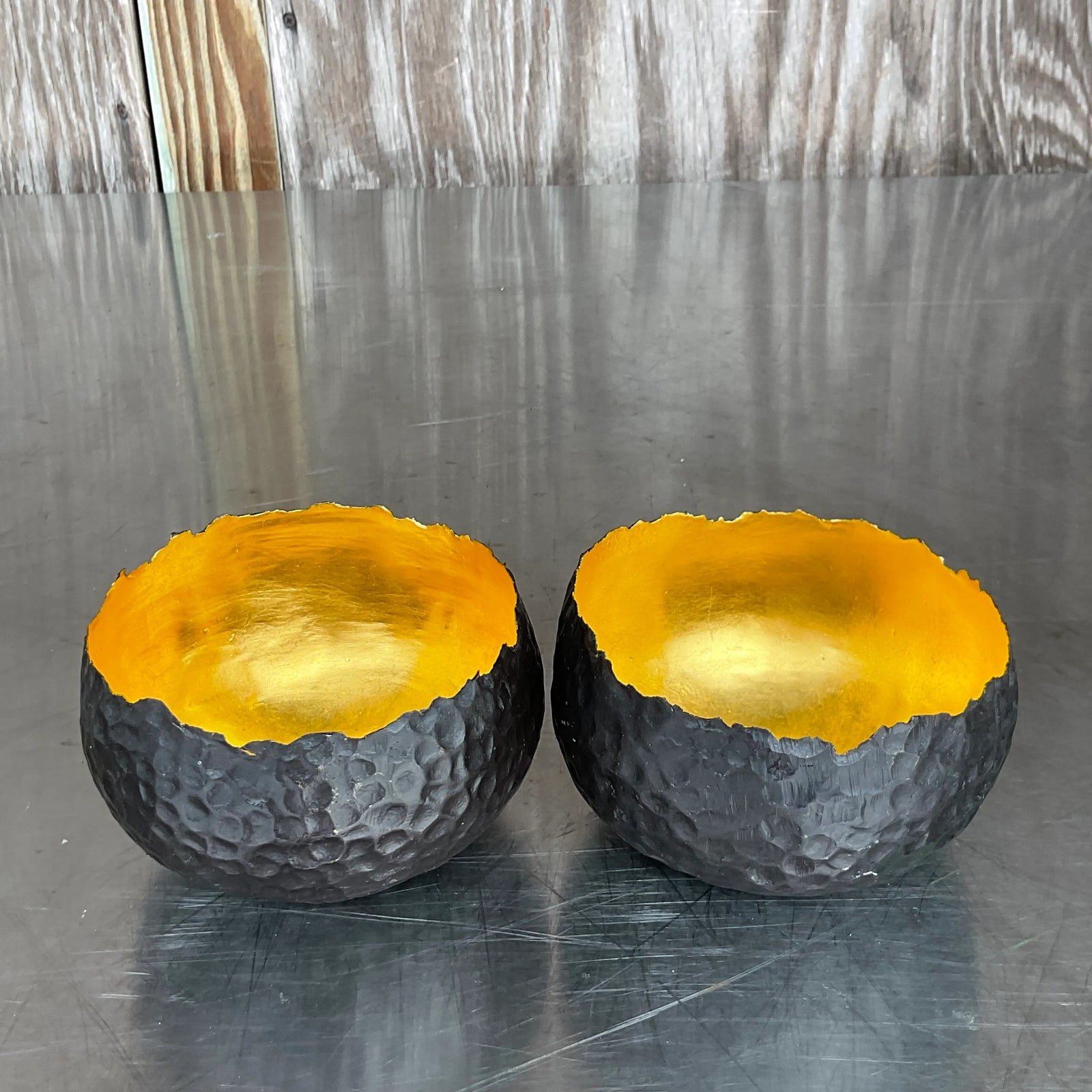 Vintage Contemporary Alexander Lamont Hammered Raw Edge Bronze Bowls - a Pair - Back view